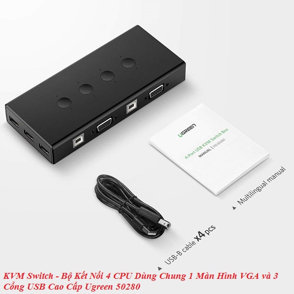 KVM Switch - Bộ Kết Nối 4 CPU Dùng Chung 1 Màn Hình VGA và 3 Cổng USB Cao Cấp Ugreen 50280